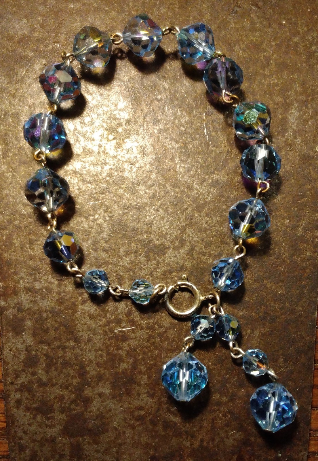AURORA BOREALIS BLUE Heavy Link CRYSTAL BEAD 8″ BRACELET DANGLES Czech Glass VTG