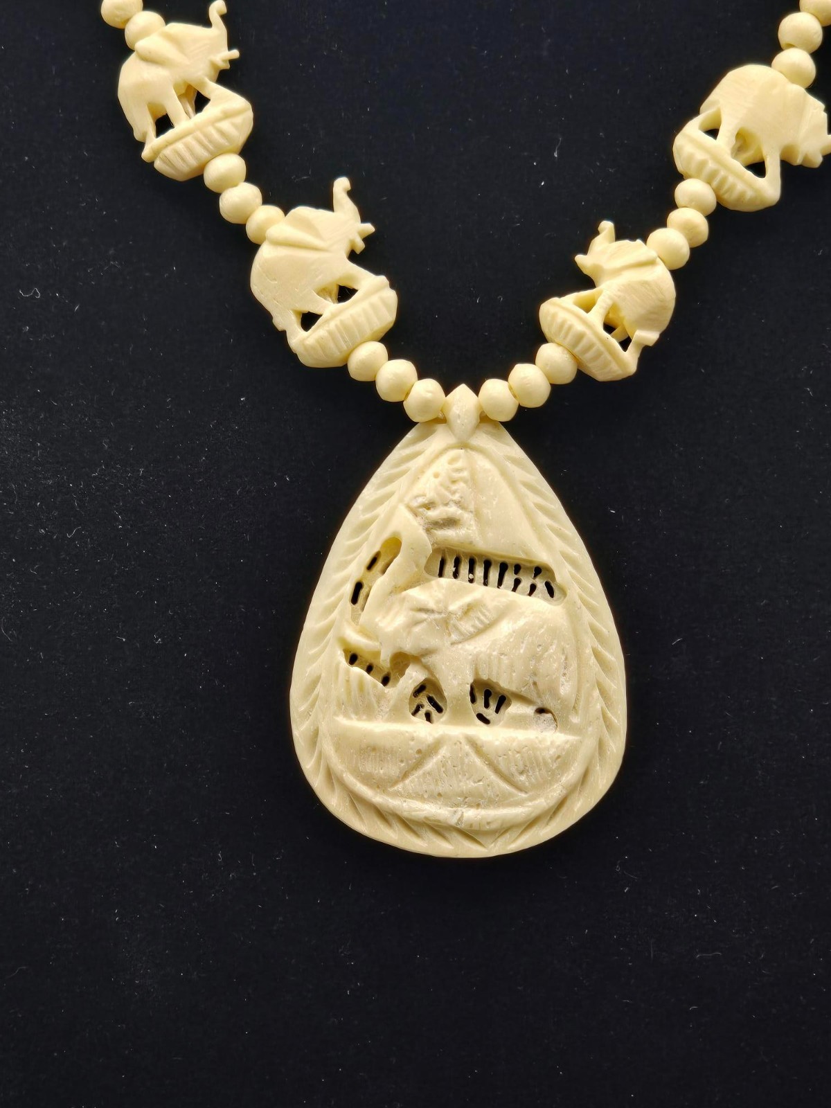 Vintage Carved Celluloid Elephant Necklace, MCM