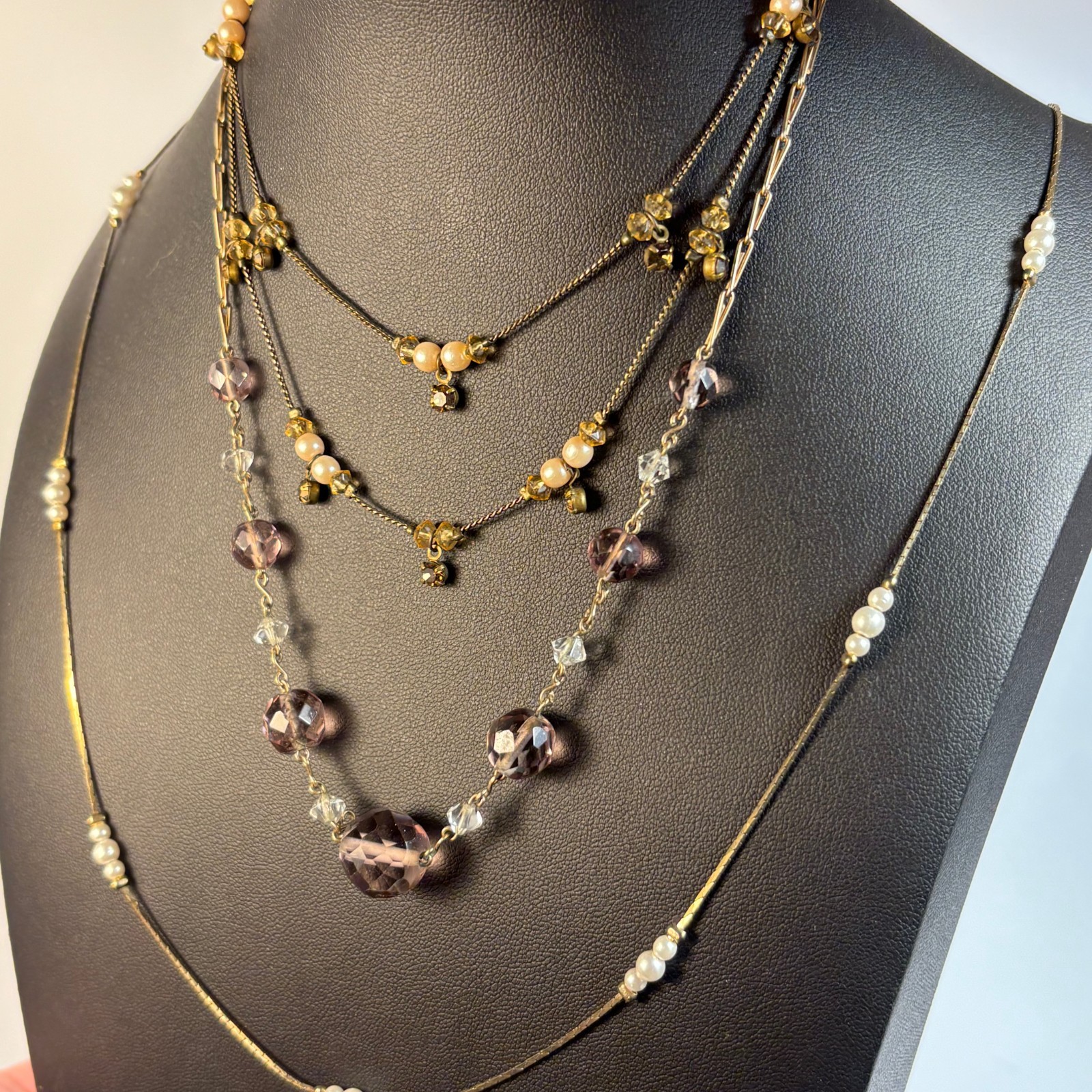 Necklace Lot Gold Tone Pearl Lavender Cut Glass Beads Delicate Romantic