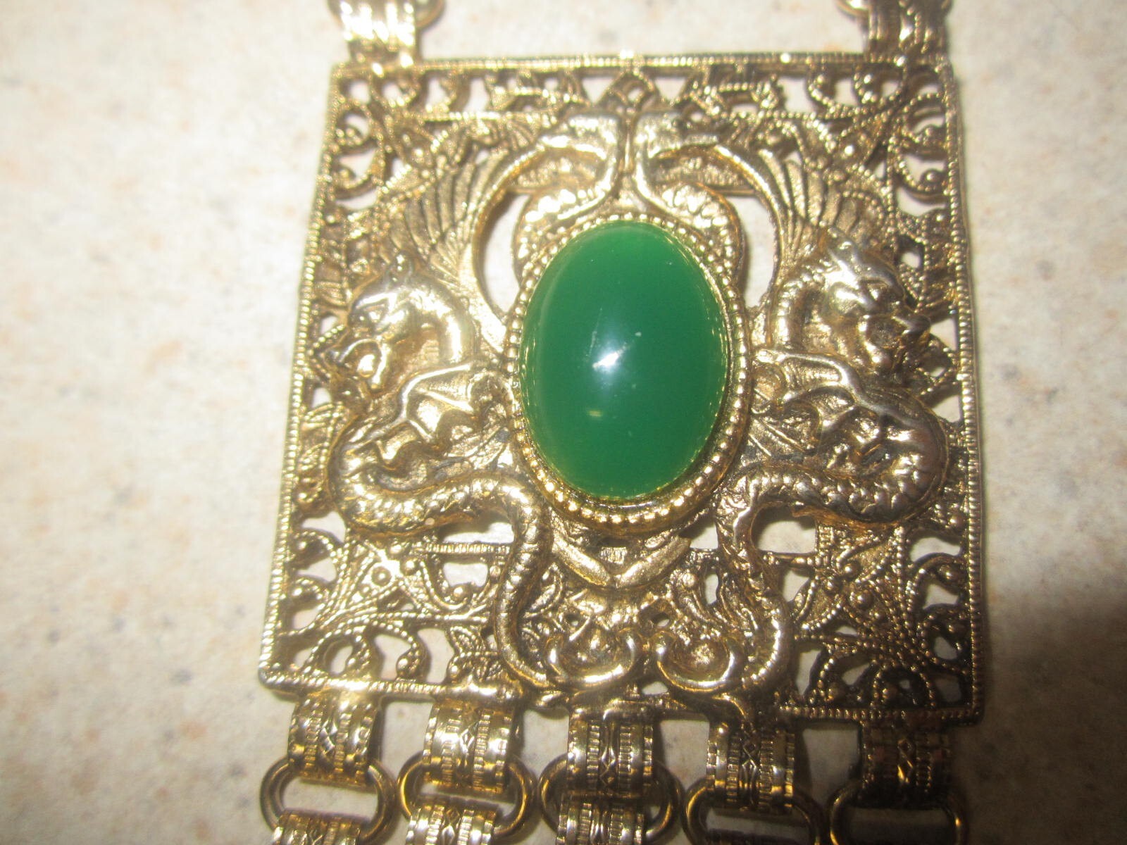 VINTAGE EDLEE DRAGON LAVALIER NECKLACE WITH DANGLES GOLD TONE
