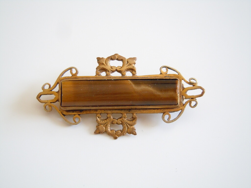 Brooch Tiger’s Eye? Glass? Color Brass 7.2 G/5.2 X 2.7 Cm