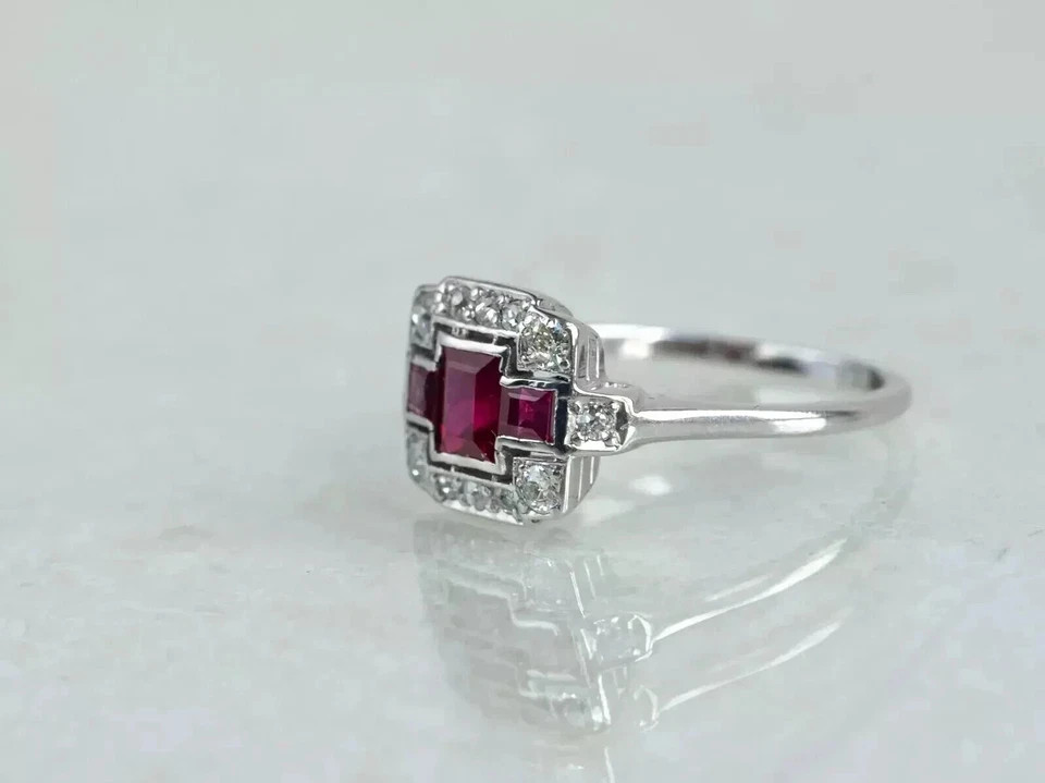 2.75Ct Art Deco Style Lab Created Ruby&Diamond Engagement 14K White Gold FN Ring