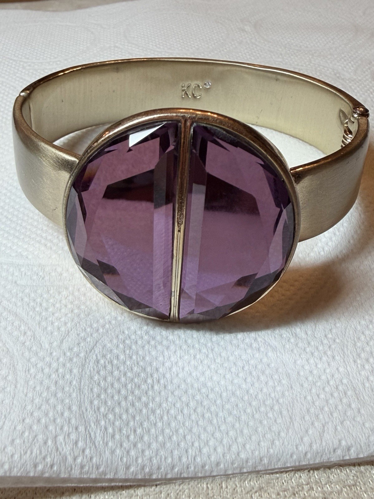 Vintage KC Gold Tone Hinged Cuff Bracelet Purple Faceted Glass Statement