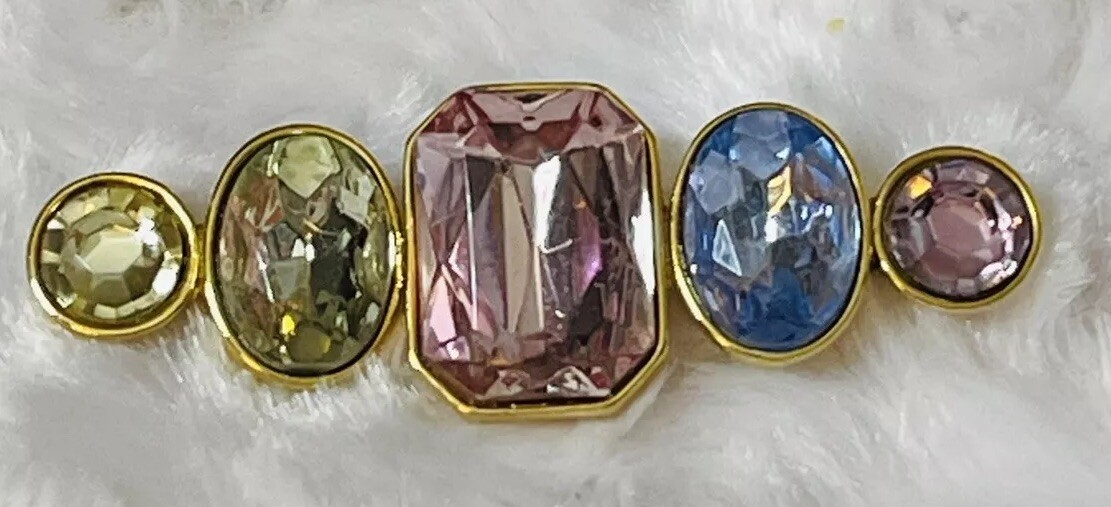 VTG TAT BAR BROOCH ART GLASS HANDMADE SIGNED FACETED STONES GOLD TONE BRILLIANT