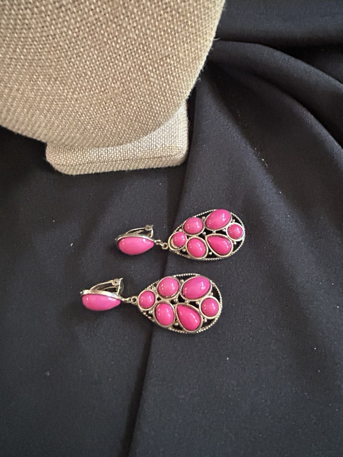 Vtg Statement Jewelry Set Pink Orange Cabochon Bib Necklace & Clip-on Earrings