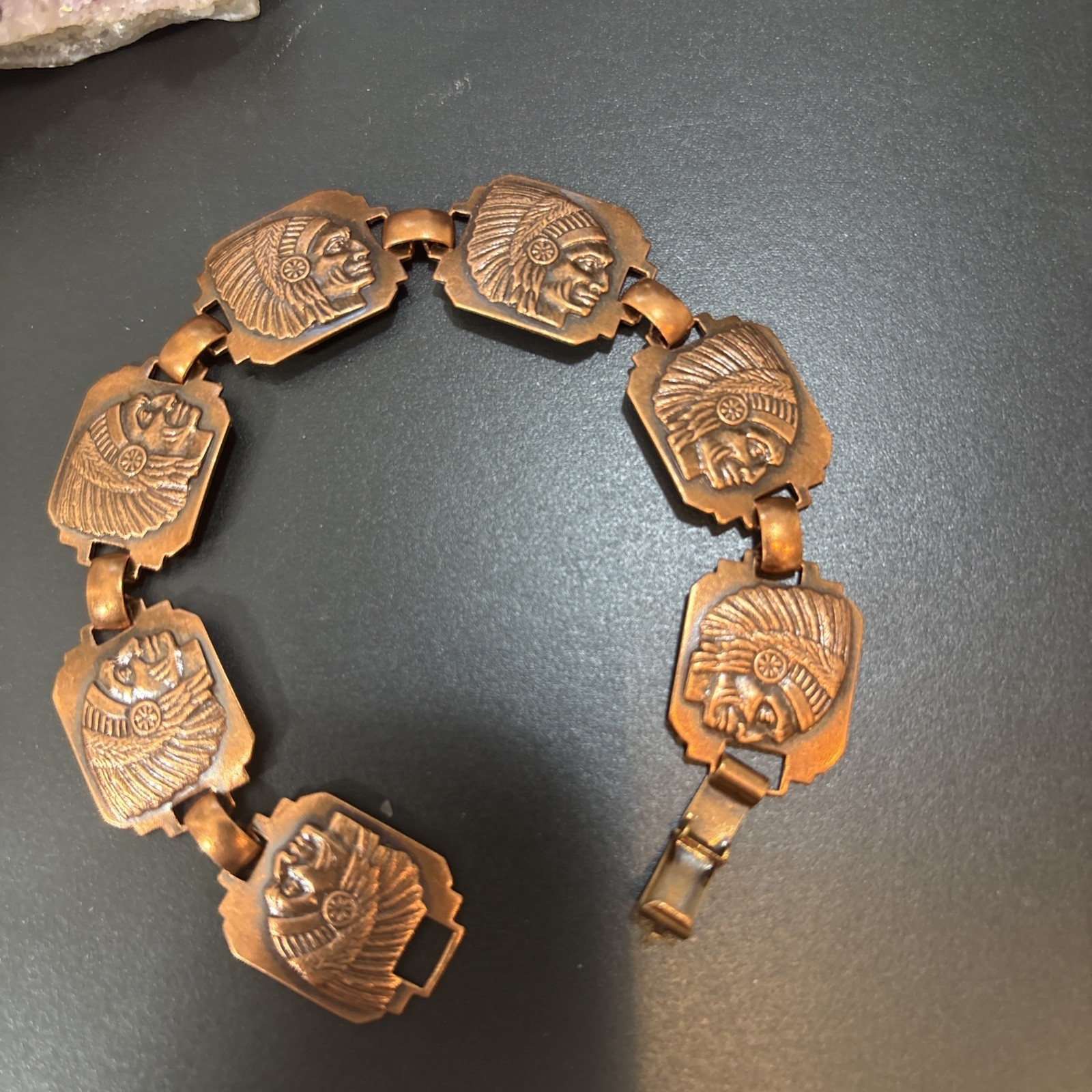 Copper Linked Bracelet Vintage Native American Rectangle Indian Chief Panels 7″
