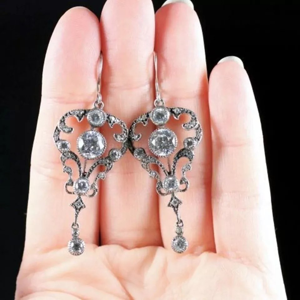 Art Deco Round Cut Lab Created Diamond Pretty Drop/Dangle In 925 Silver Earring