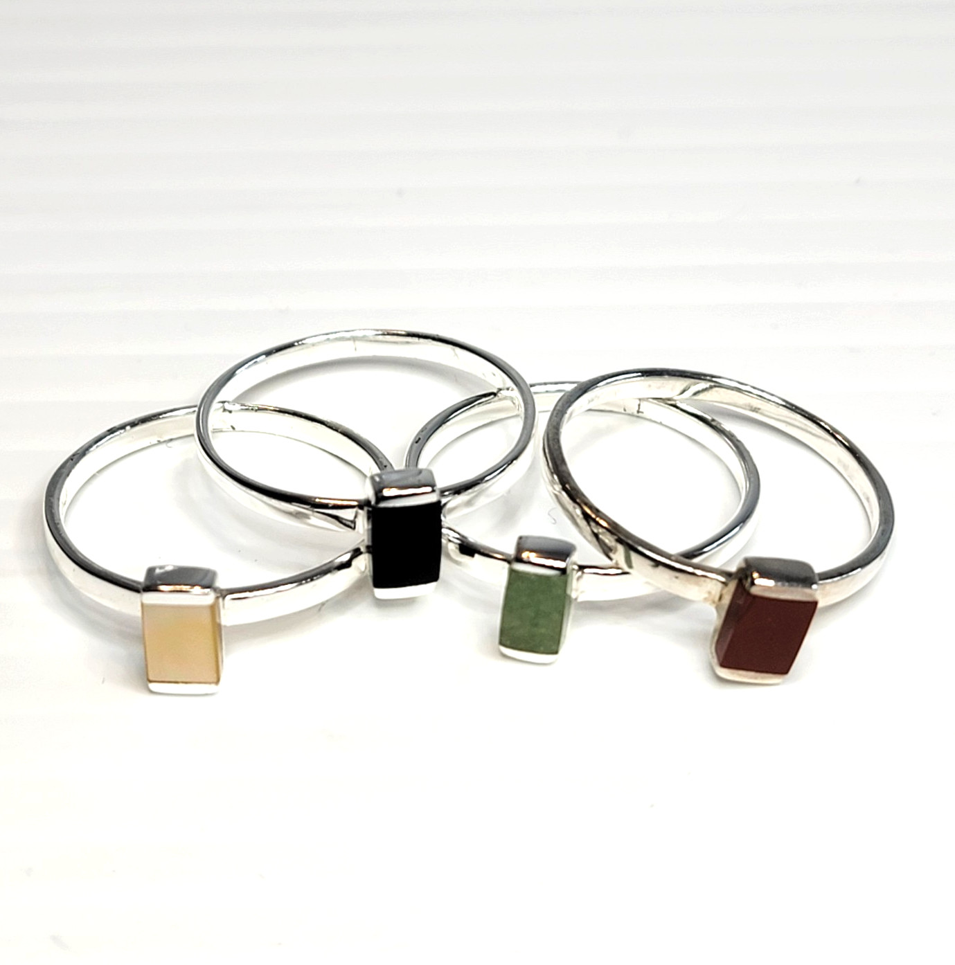 VTG Sterling Silver 925 Inlay Rings Set Of 4, Size 10, Stackable Onyx Aventurine