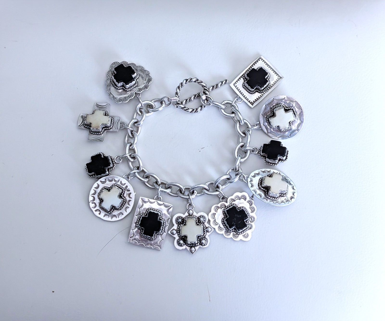 Joan Slifka Sterling 925 Heart Angel Cross Love Luck Charm Two Sided Bracelet