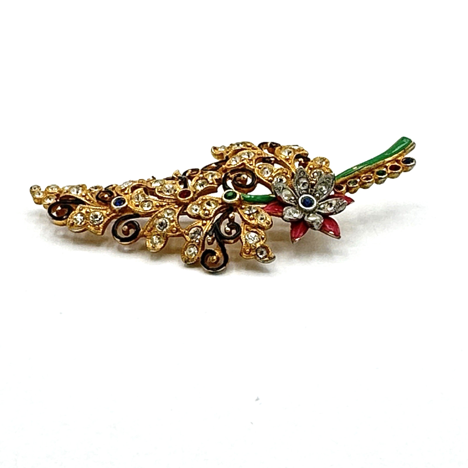 FLORAL SPRAY vintage brooch – 1940s pot metal enamel & rhinestone pin – colorful