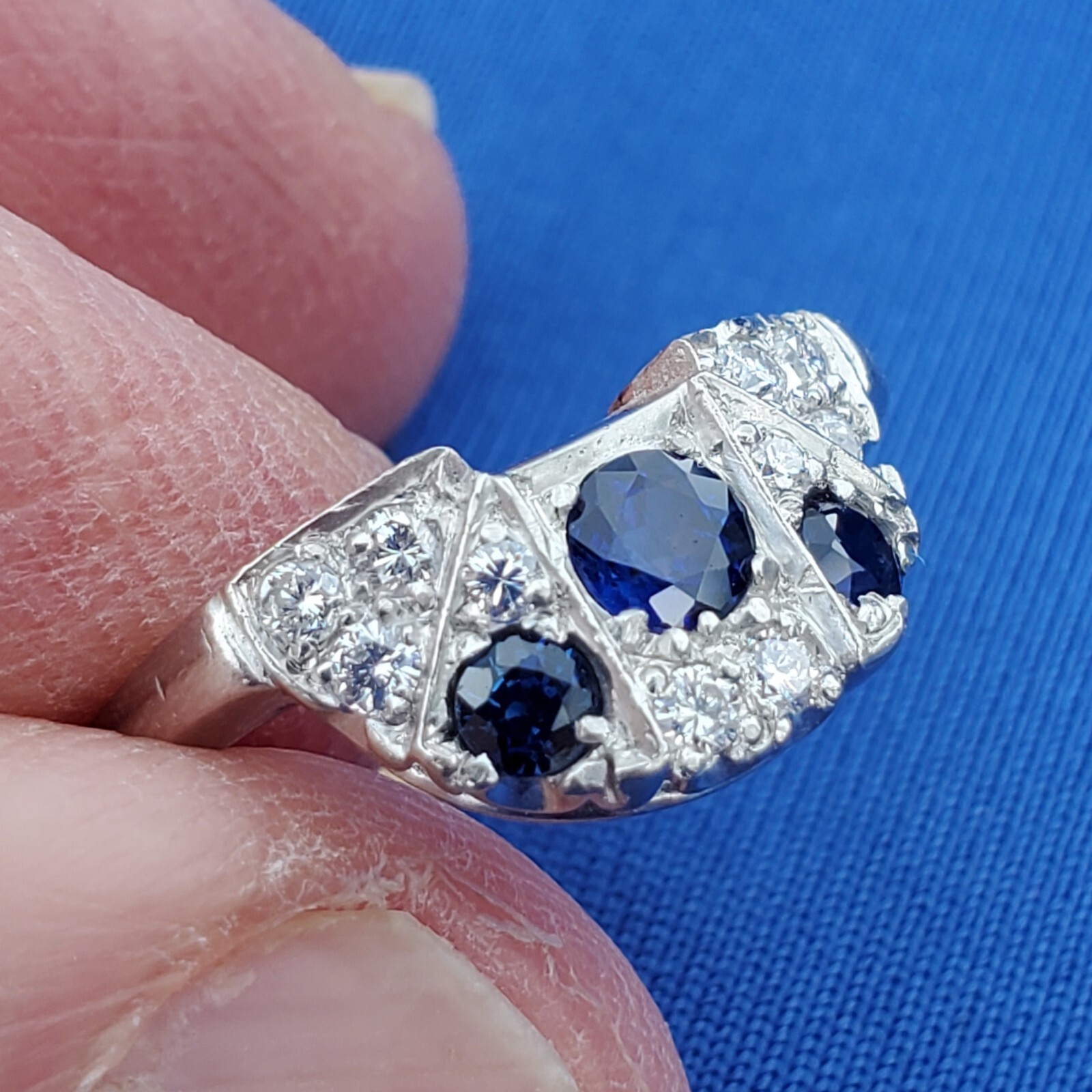 EARTH MINED SAPPHIRE DIAMON Deco Wedding Band Unique Vintage SOLID PLATINUM Ring