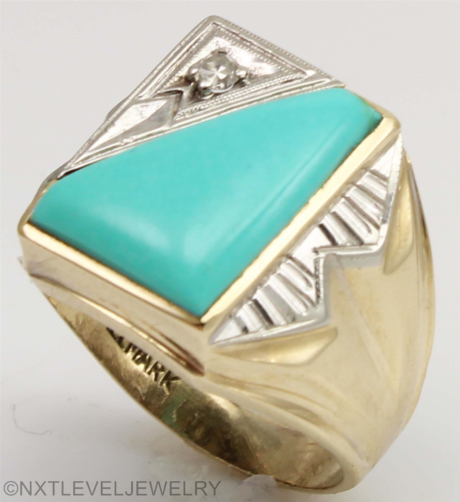 Antique SIGNED Art Deco Robin’s Egg Turquoise & Diamond 10k Solid Gold Mens Ring