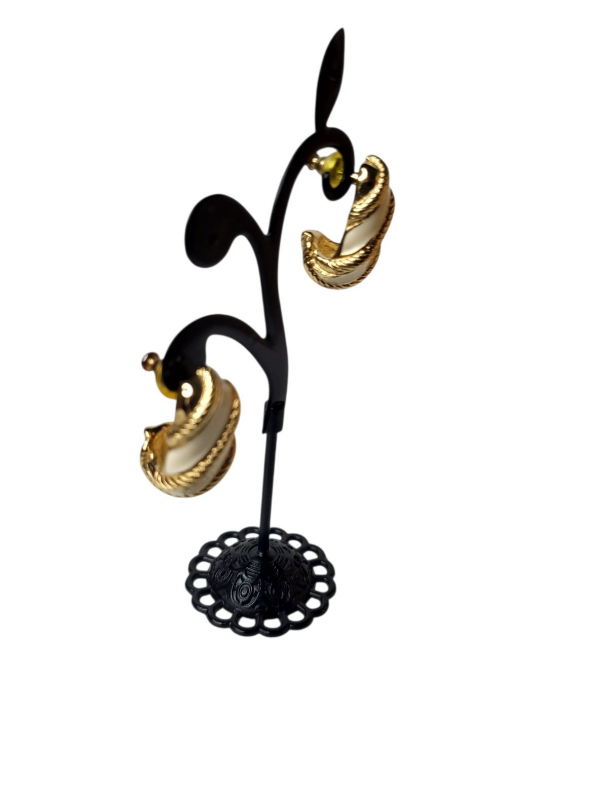 Vintage 80s-90s Signed Robert Manse Gold-tone White Enamel Twisted Rope Earrings