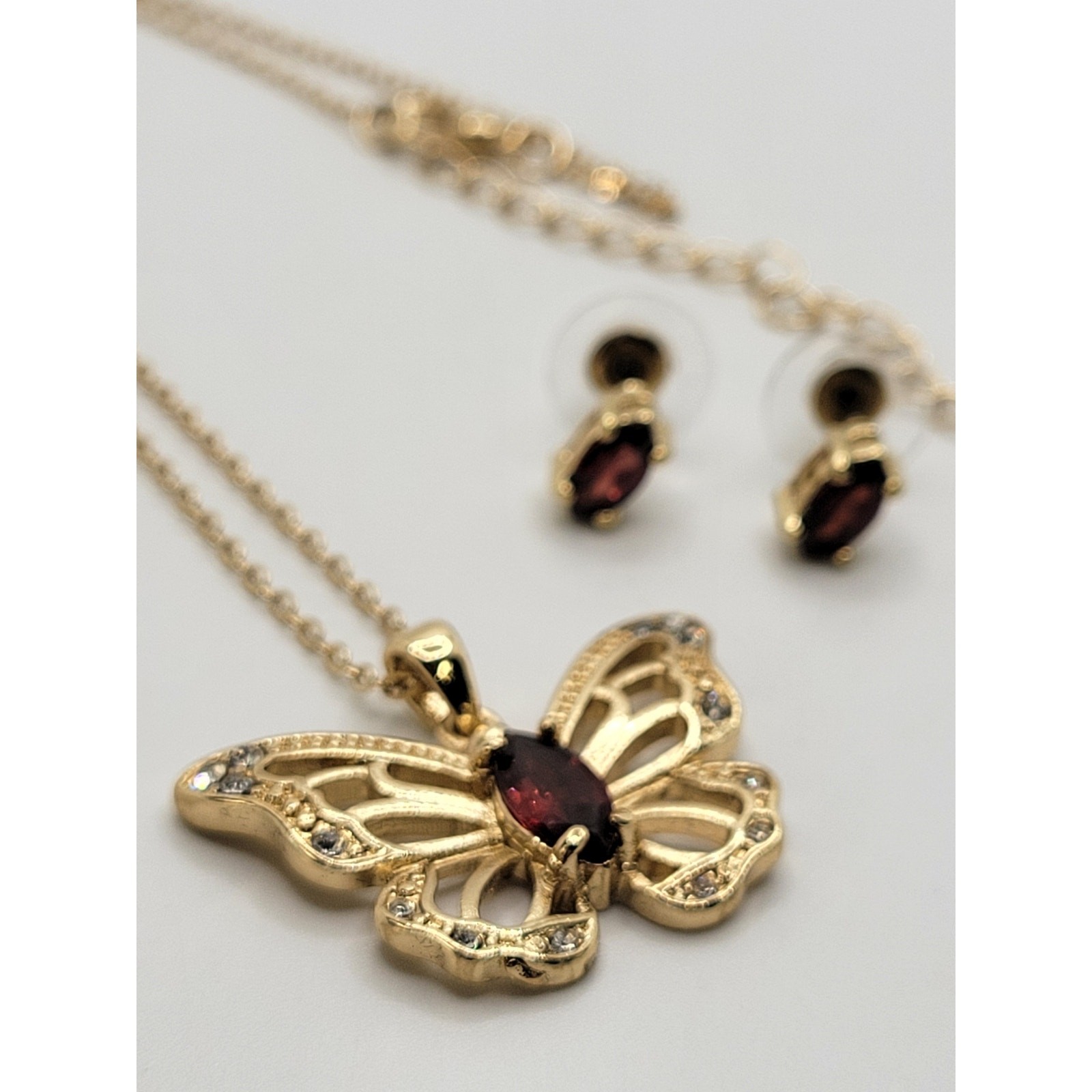 Garnet Butterfly Pendant Necklace Stud Earrings Set Goldtone Crystal Rhinestones