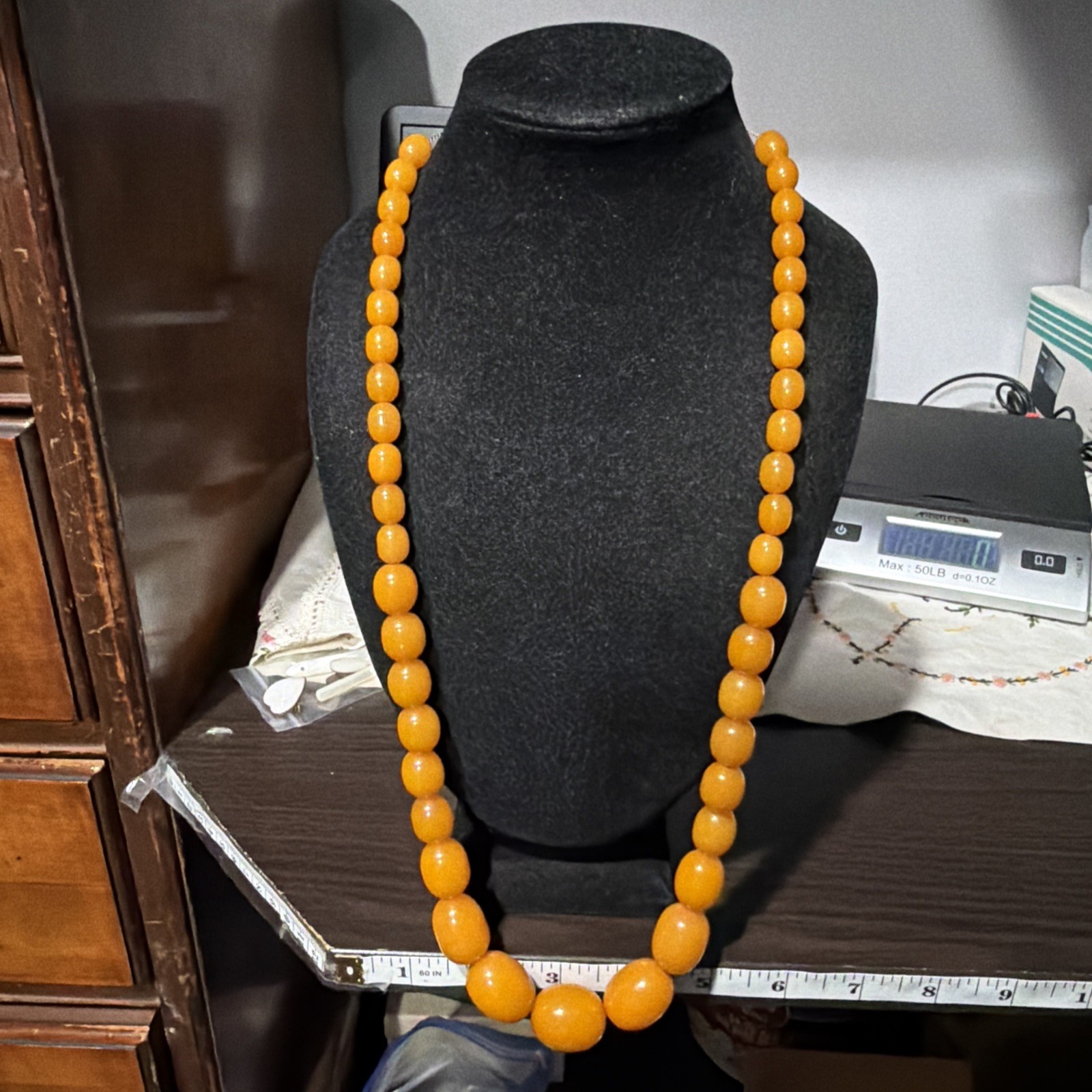 Vintage Butterscotch Bakelite Tested Graduating Beads 30” Gold Plate Necklace