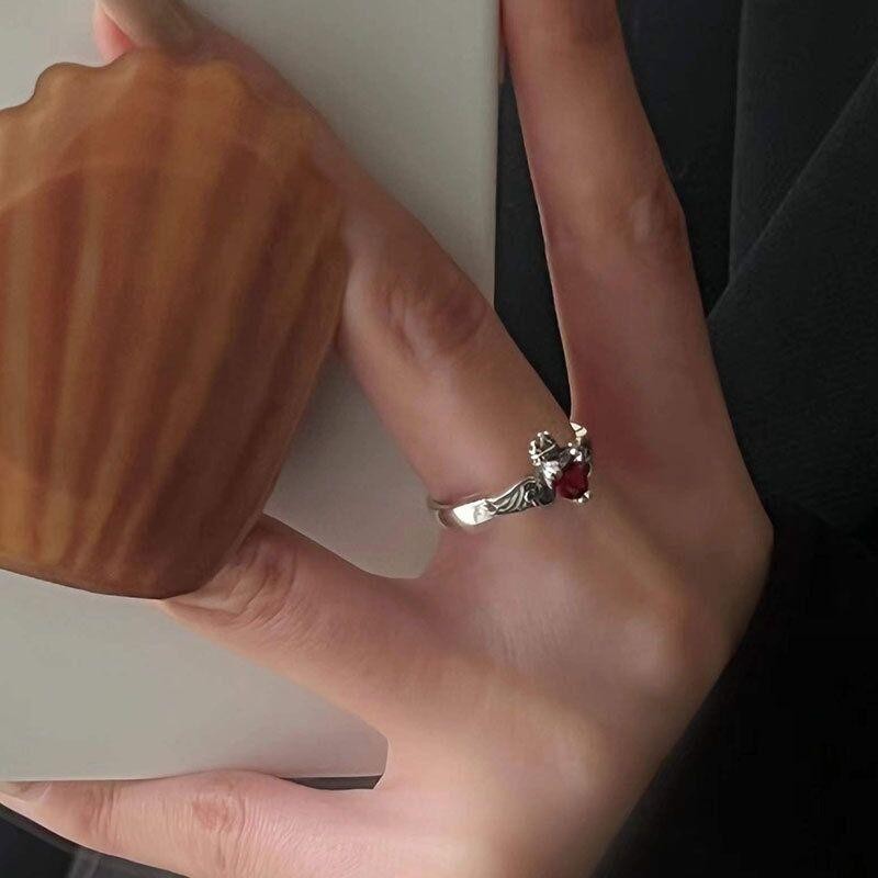 Vintage 925 Sterling Silver Wing Crystal Heart Ring Women Wedding Jewelry Gift