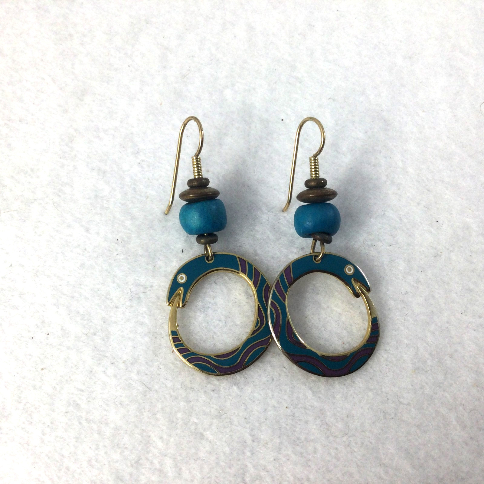 Laurel Burch Snake Spirit Enamel Dangle Earrings Teal Purple Signed Gold Tone