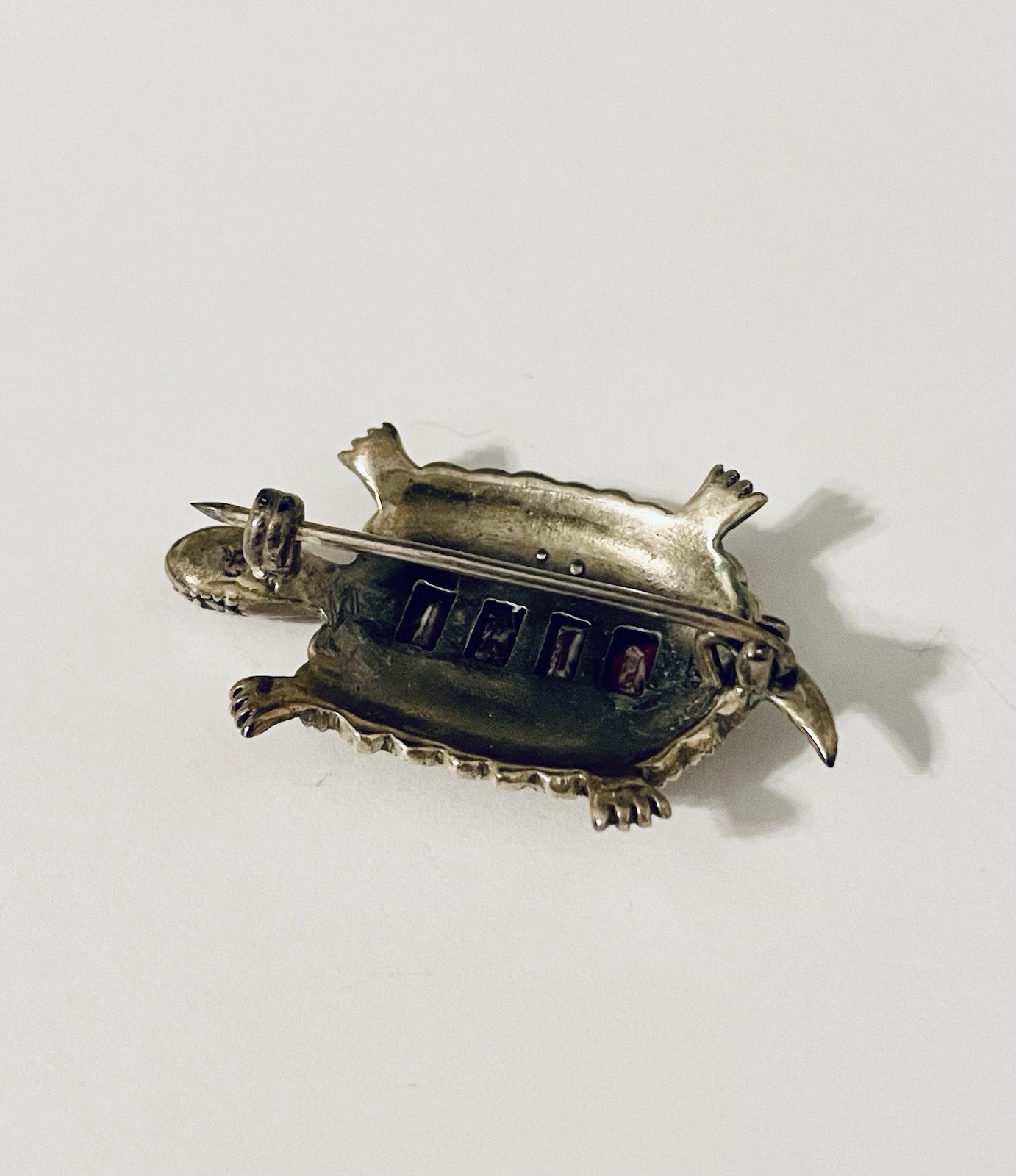 Vintage Signed Sterling Silver 925 TURTLE Red Stones Brooch Pin Fine Jewelry