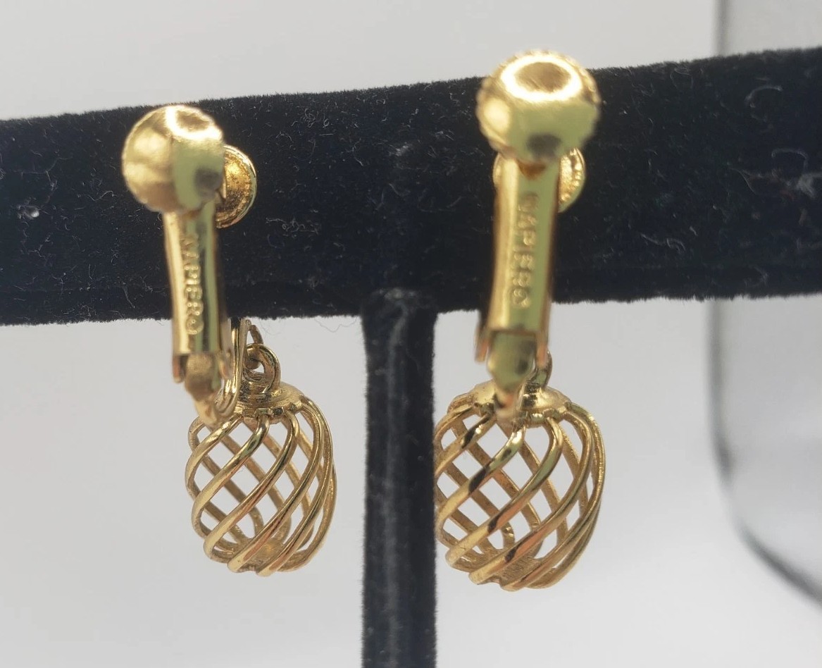 Napier Gold Tone Clip On Screw Back Dangle Drop Gold Birdcage Twist Earrings