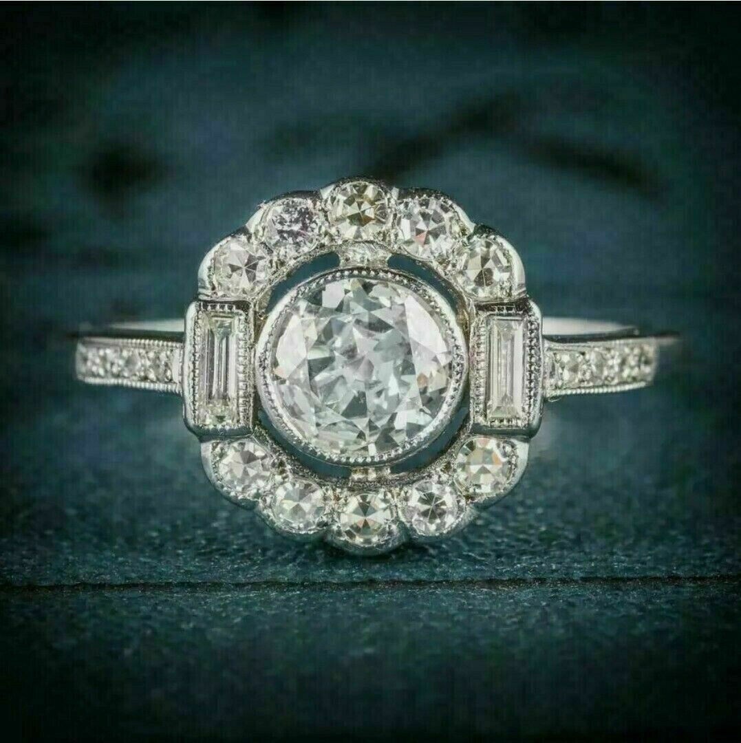 Retro Bezel Set Halo Engagement Ring Round Cut Moissanite 14K White Gold Plated