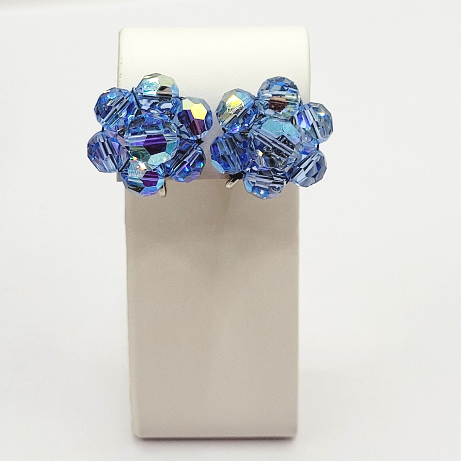 Light Blue Faceted Crystal Bead Cluster Sparkling Fancy Vintage Clip On Earrings