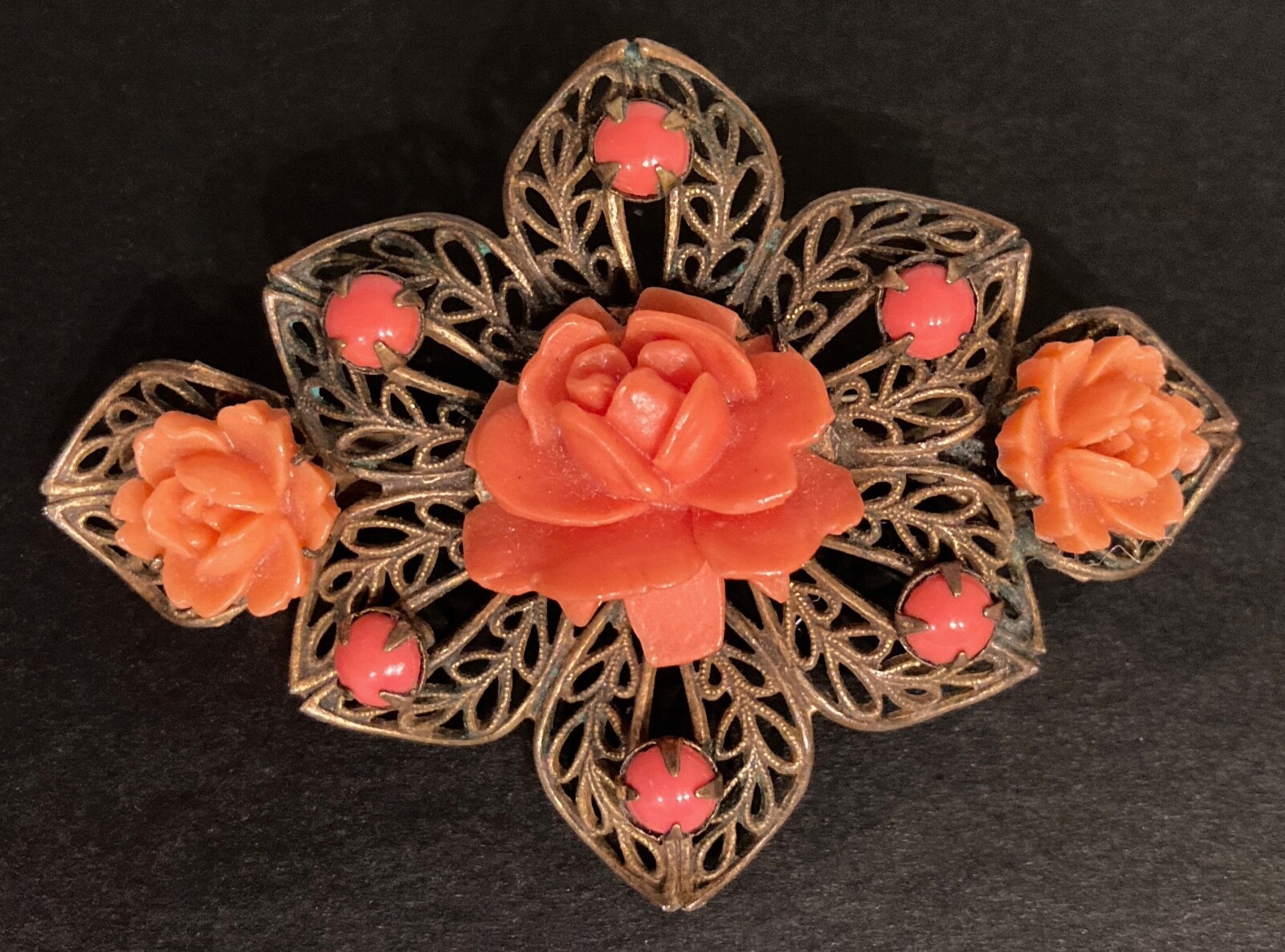 Vintage Rose Brooch Filigree Flower Floral Cut Out Prongs Leaf Peach Coral Pin