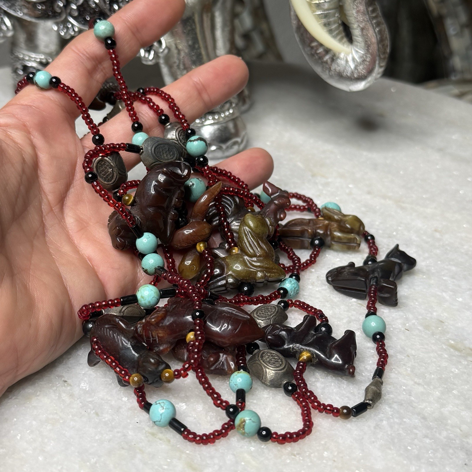 Vintage Fetish Hand-Carved 12 Gemstones Chinese Zodiac Symbols 78” Long Necklace