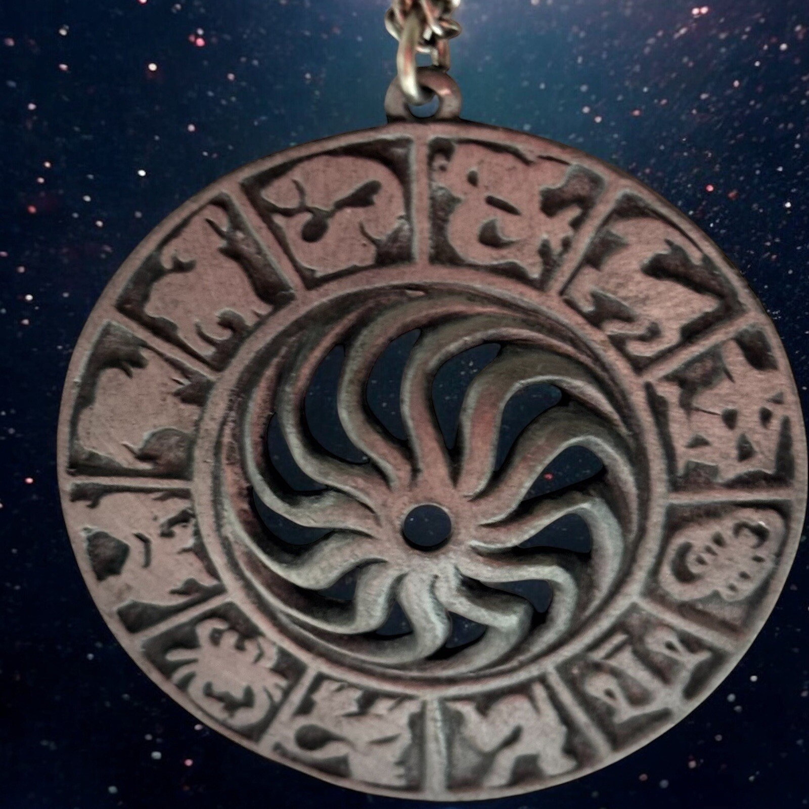 Vintage 12 Zodiac Signs Celestial Sun Necklace Pewter Astrology Myth 28” L20
