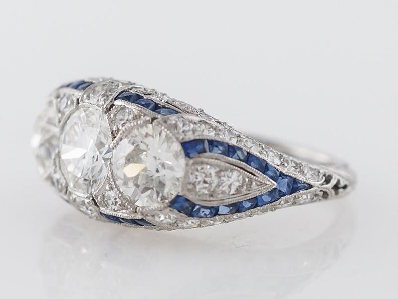 3 CTW White Round Cut CZ Three Stone Art Deco & Sapphire Ring In Sterling Silver