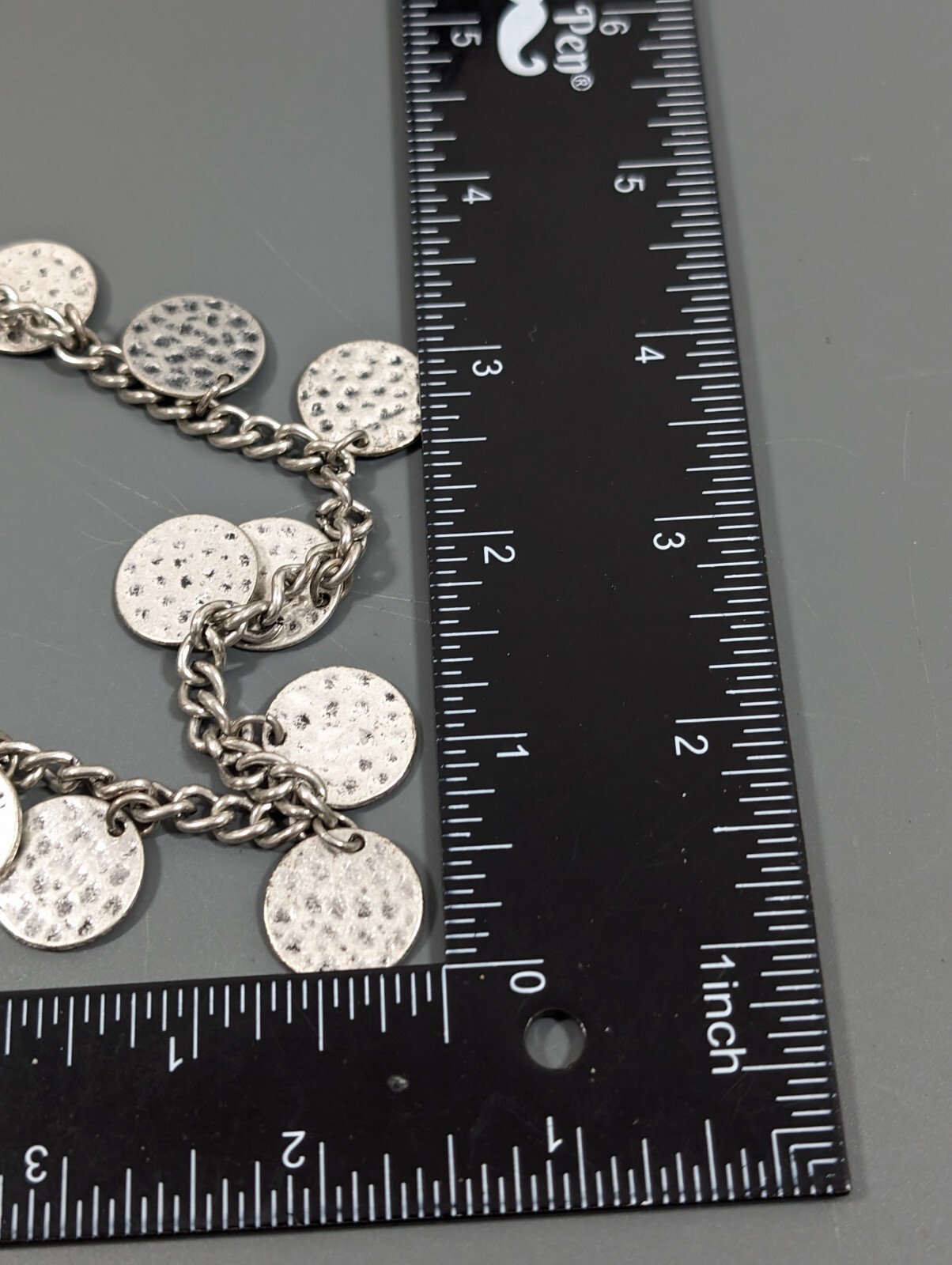 Boho Coastal Hammered Silver Tone Disc Round Charm Chain Necklace 21 in
