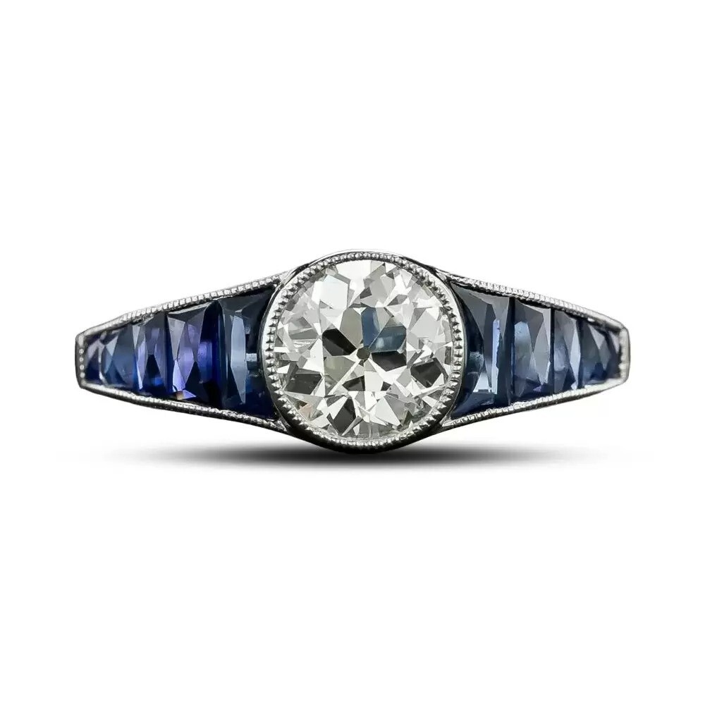 Art Deco Lab Created Diamond & Sapphire 14K White Gold Finish Party Wear Ring