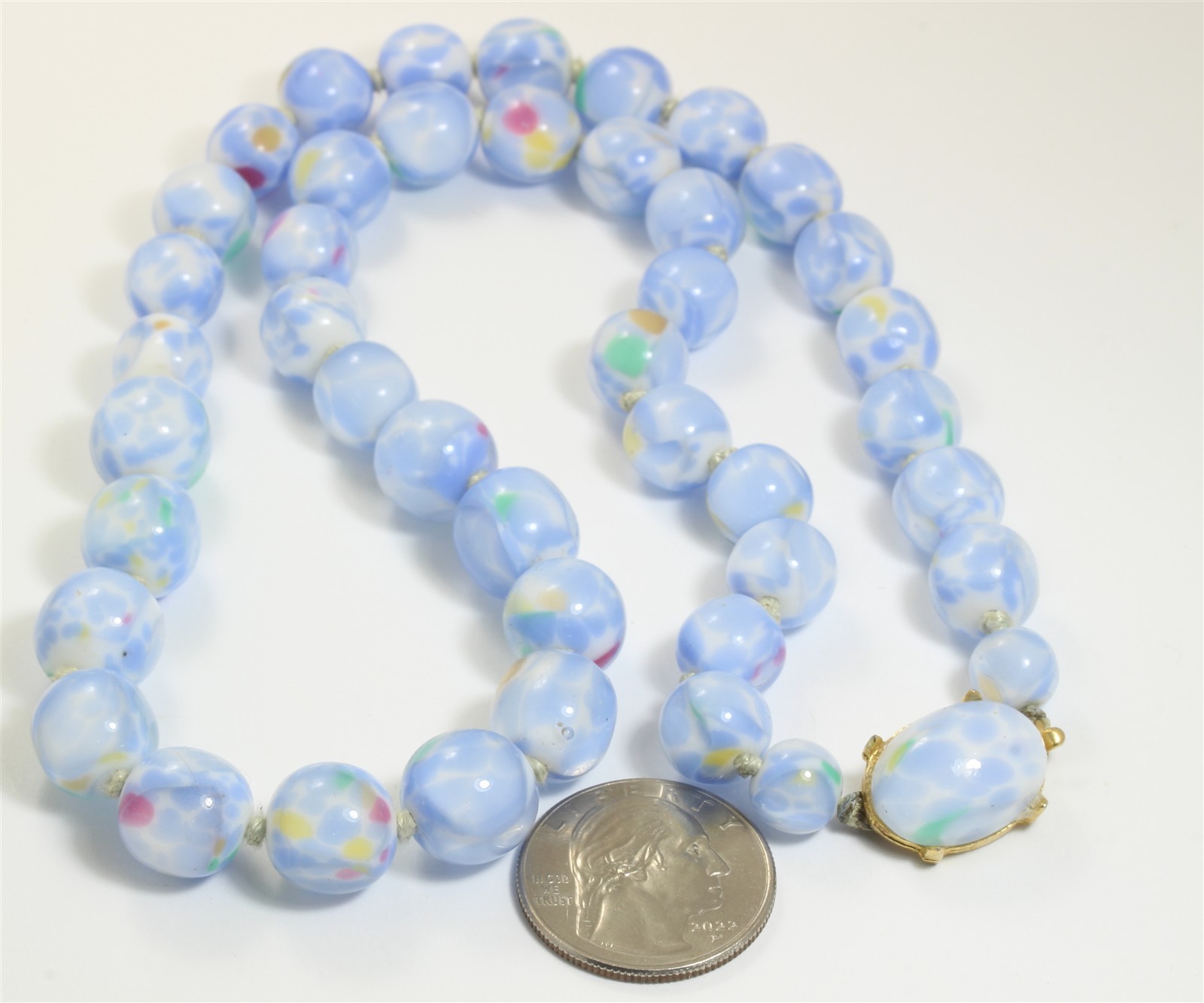 Vintage Mid Century Hand Knotted Blue Confetti Art Glass Bead Necklace 21″ 12mm