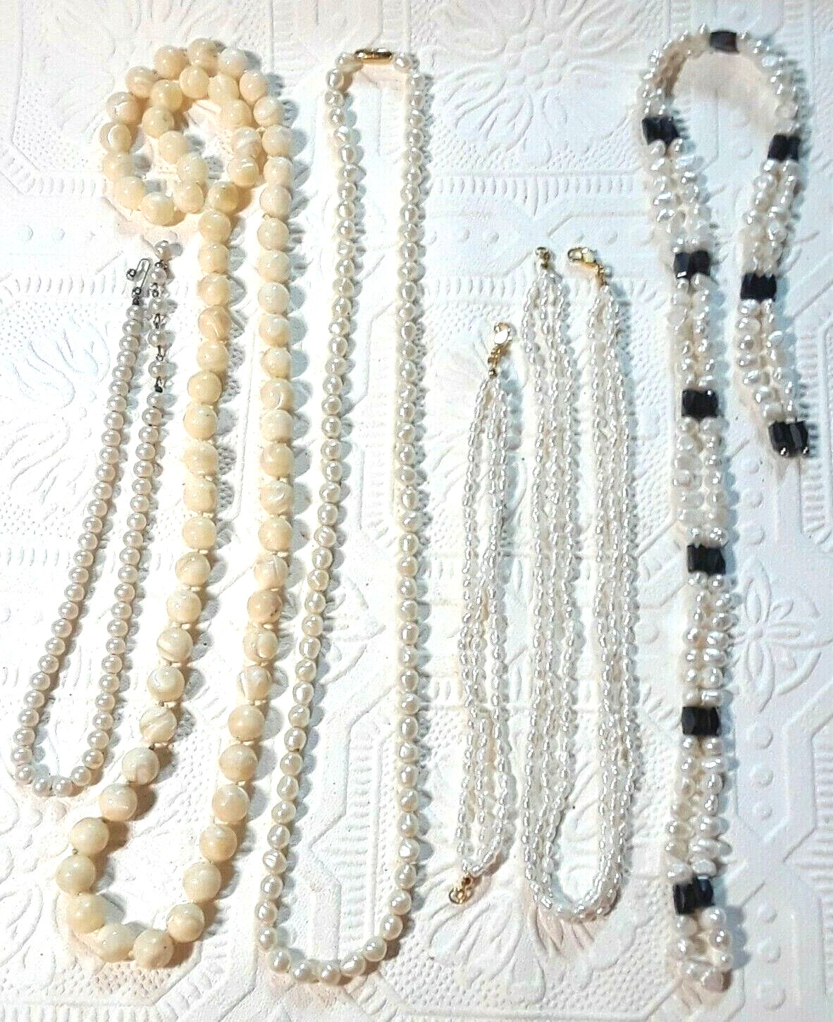 Mother of Pearl white beaded necklace, freshwater pearls? + other necklaces.