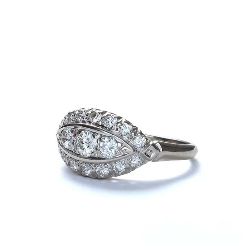 Art Deco Style Lab Created Diamond Three-Stone Wedding 14K White Gold FN Ring
