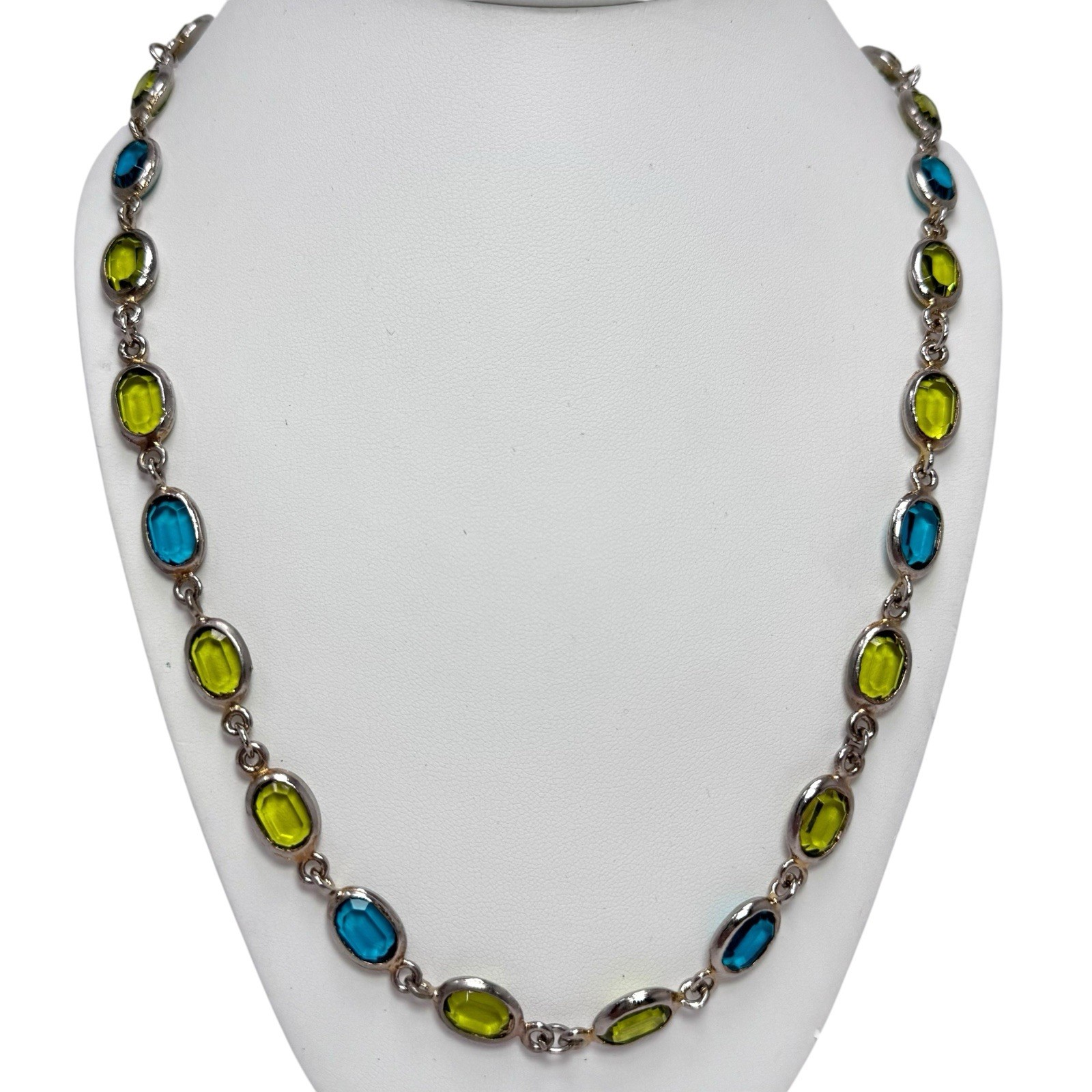 Vintage Silver Tone Necklace w/Framed Blue & Green Faceted Crystal Ovals
