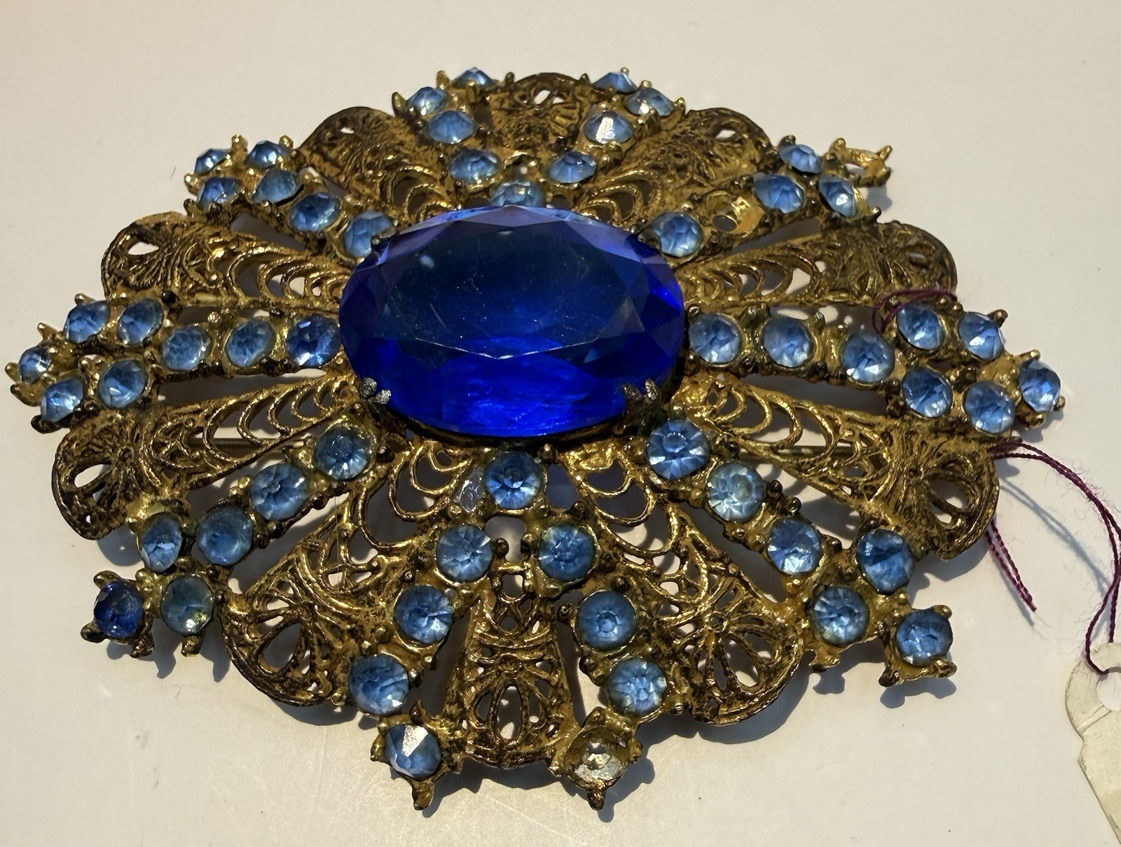 Vintage Antique Czech Gilt Filigree Cobalt Blue Glass Brooch Pin-Estate