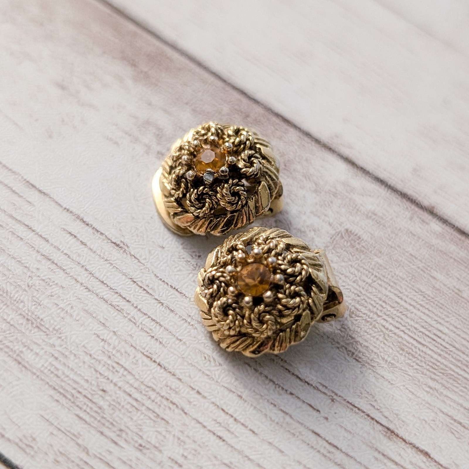 Vintage Clip On Earrings Stunning Gold Tone & Amber Tone Gem Statement