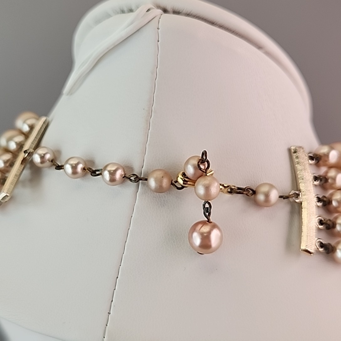 Vintage Faux Pearl Beaded Necklace Cream Pink Acrylic AB Yellow Glass Japan 16″