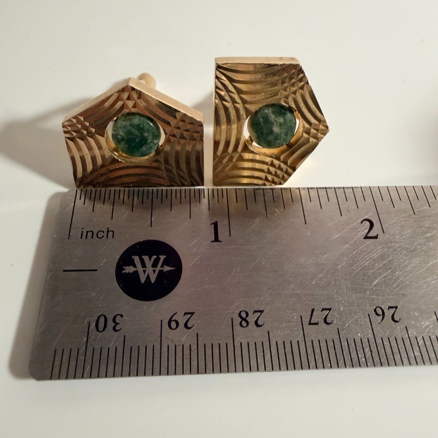 Vintage Green Jade Stone Cabachon & Gold Tone Cuff Links House or Church Shaped
