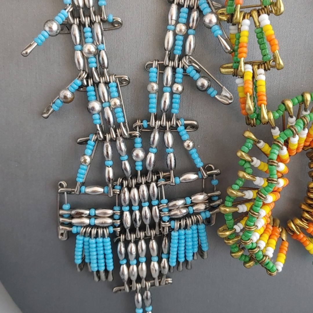 2 Vintage Safety Pin Beaded Necklaces Southwestern Style Blue Green Lot