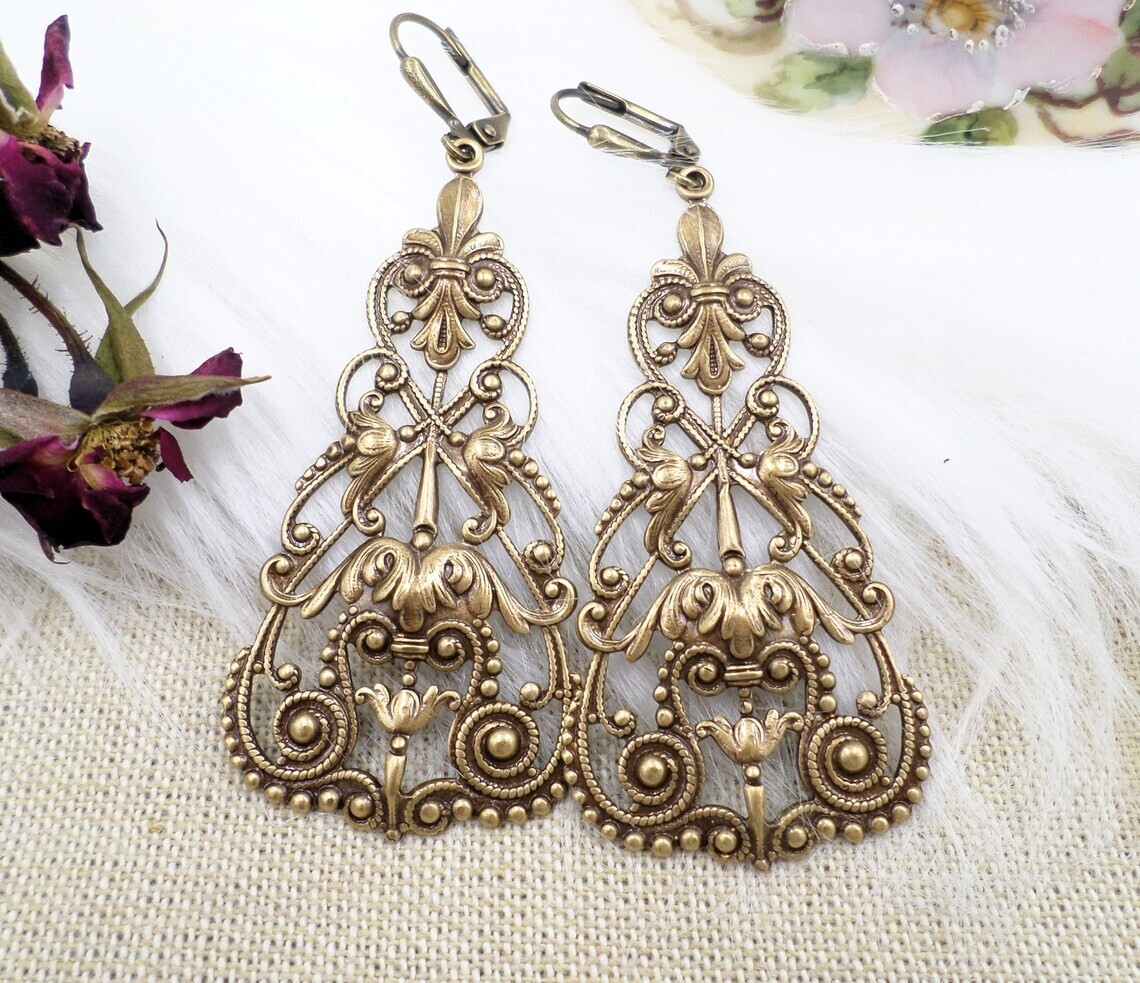 Large Brass Filigree Statement Earrings, Victorian Reproduction Jewelry, Tudor