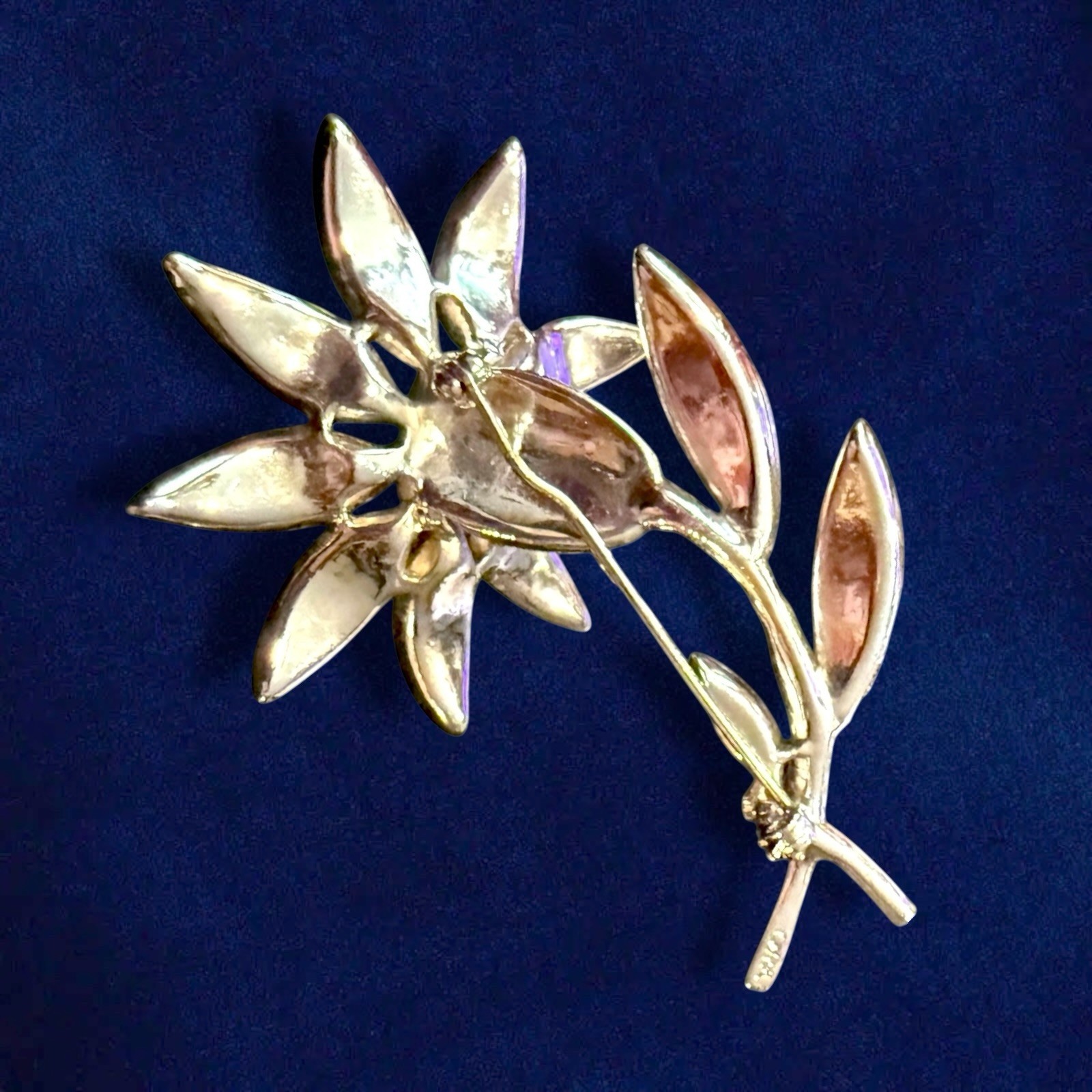 Rhinestone Flower Brooch Signed ORA Rhodium 1940s Large Vintage Pin 3 Inch