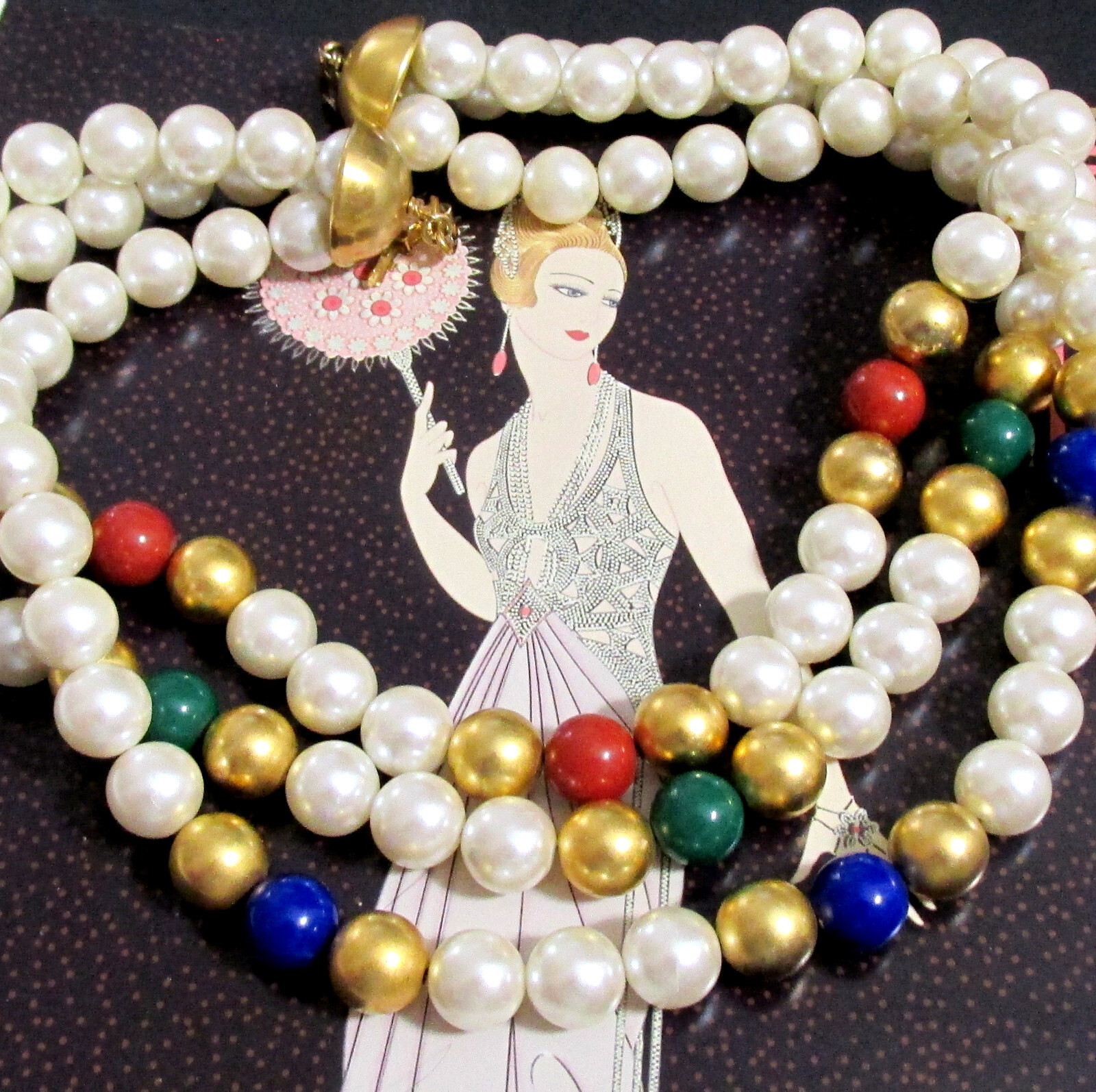 VTG RUNWAY BOOK PIECE NAPIER 3 STRAND FAUX PEARL/BEAD NECKLACE GP “Scarborough”