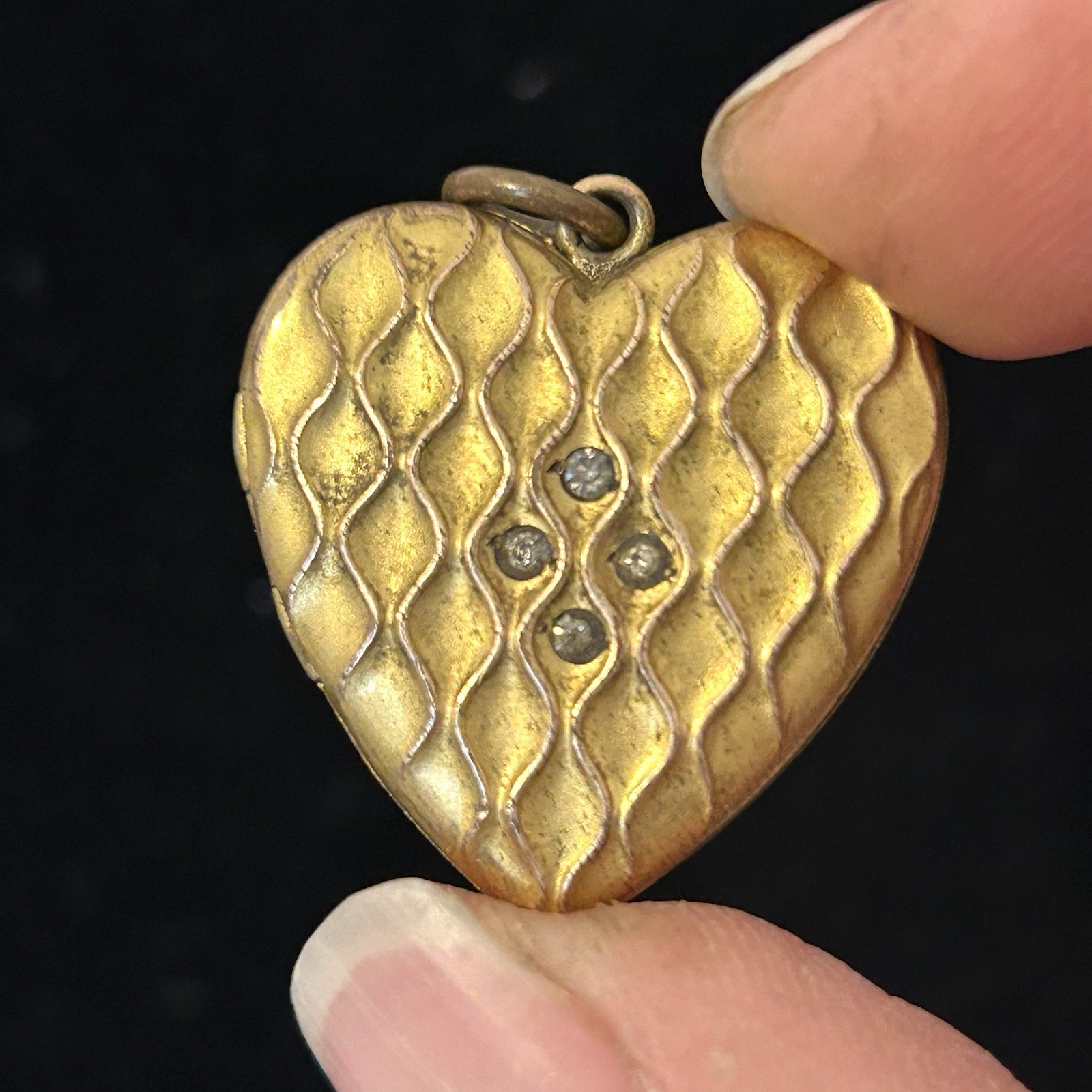 Victorian Heart Locket H.A. Co Gold Filled Paste Stones Quilted Antique Photo