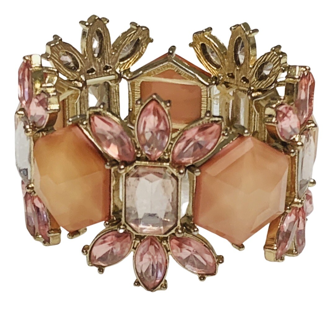 Pink Bracelet Rhinestone Flower Wide t 7″ Silver Tone Trendy Spring Jewelry