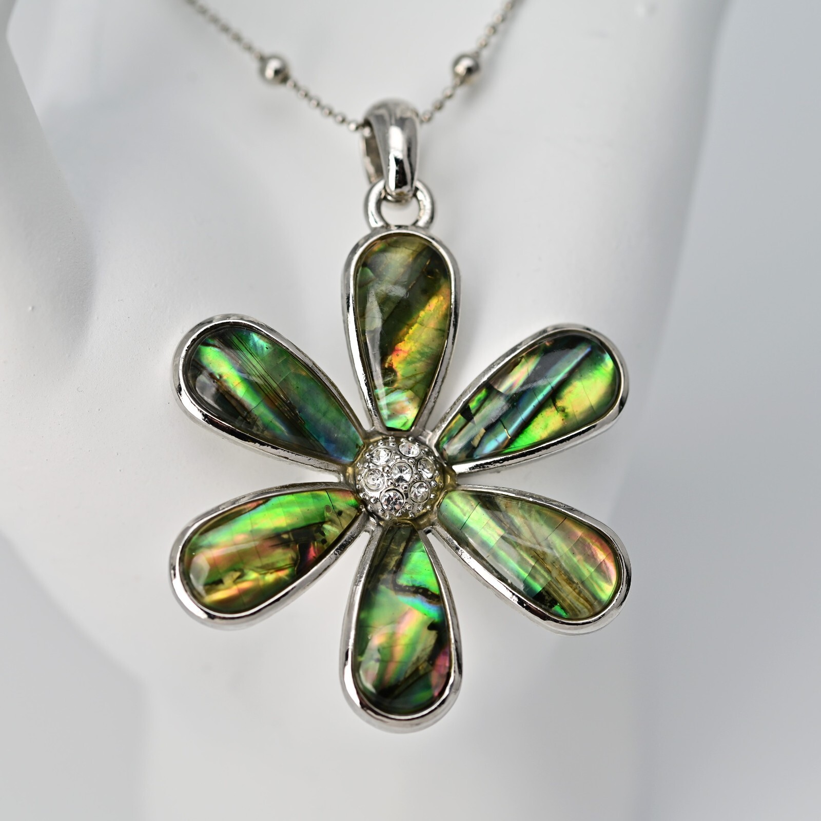 LIA SOPHIA Original Vintage Signed Abalone Flower Lily Pendant Silver Necklace