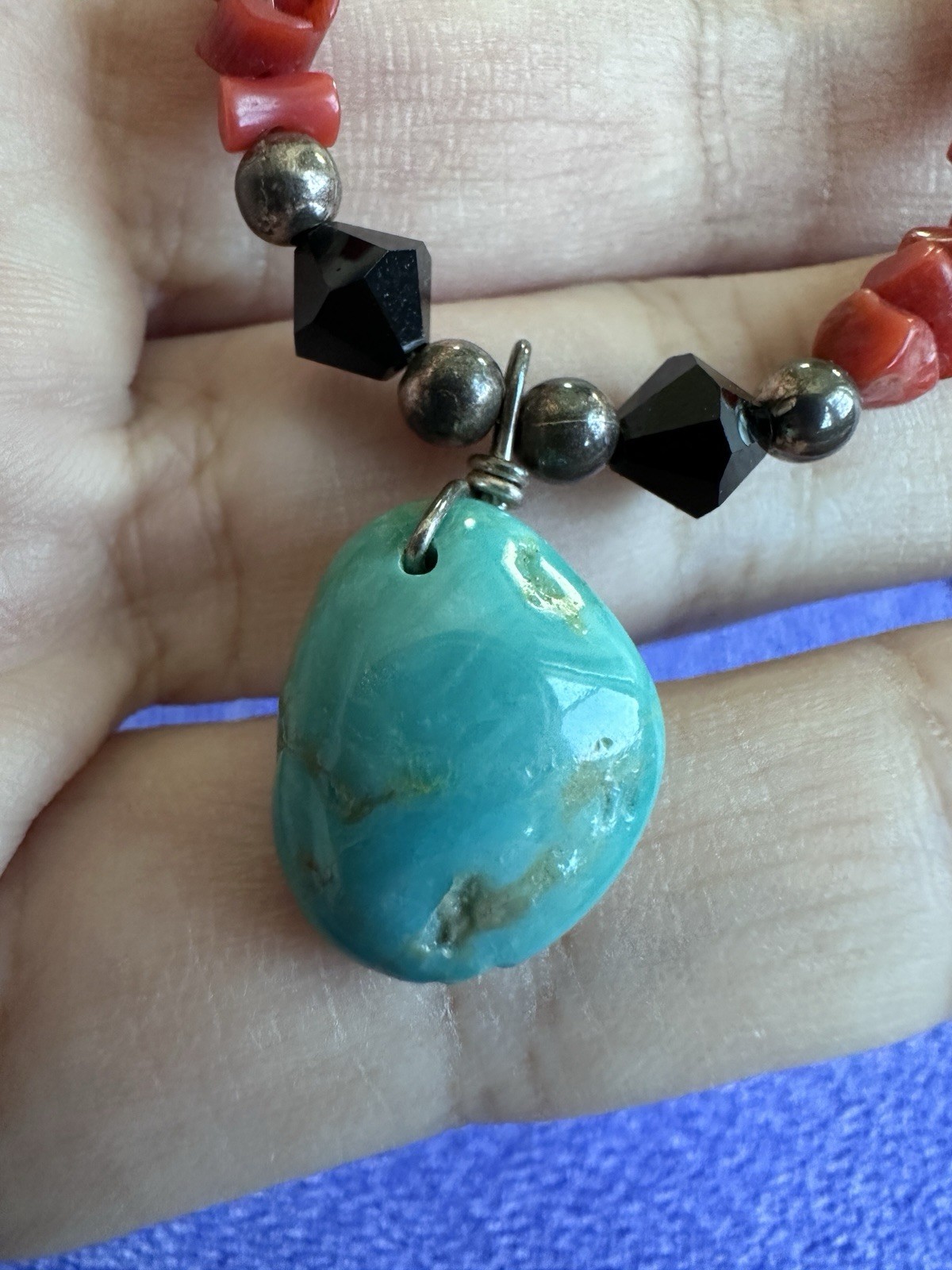 Natural Turquoise Red Coral 925 Sterling Silver Necklace Southwestern Boho