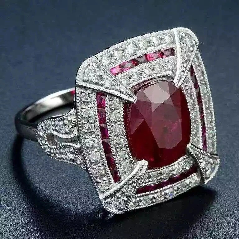 5.54Ct Art Deco Vintage Lab Created Ruby Wedding 14K White Gold FN Cocktail Ring