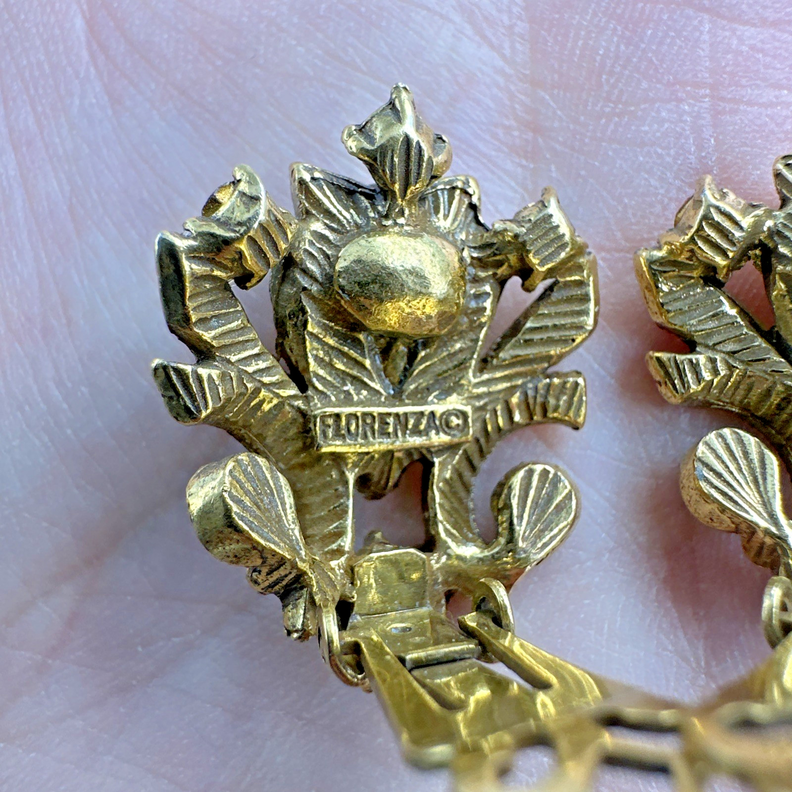 Vintage Florenza Aurora Borealis Earrings Gold Clip AB Rhinestone Art Glass