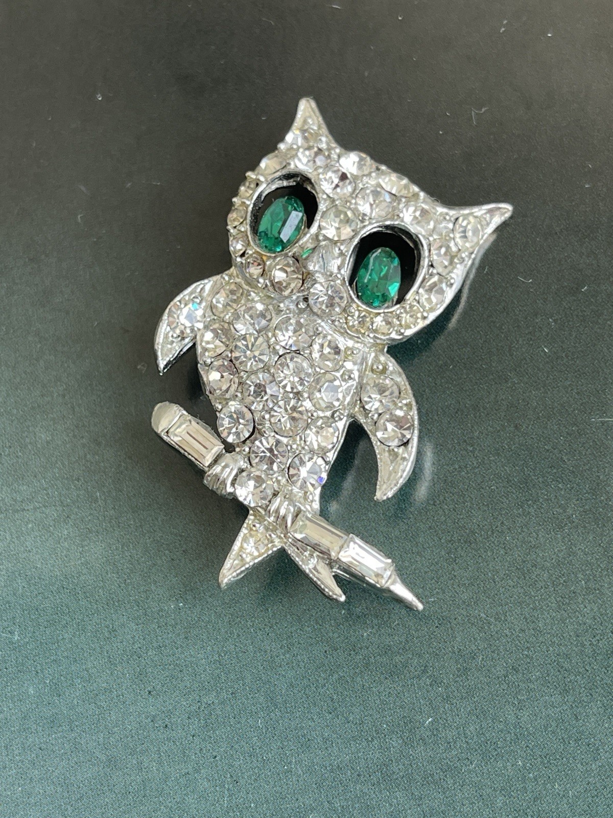 Vintage Signed Pell Rhinestone Owl Brooch Pin Bird